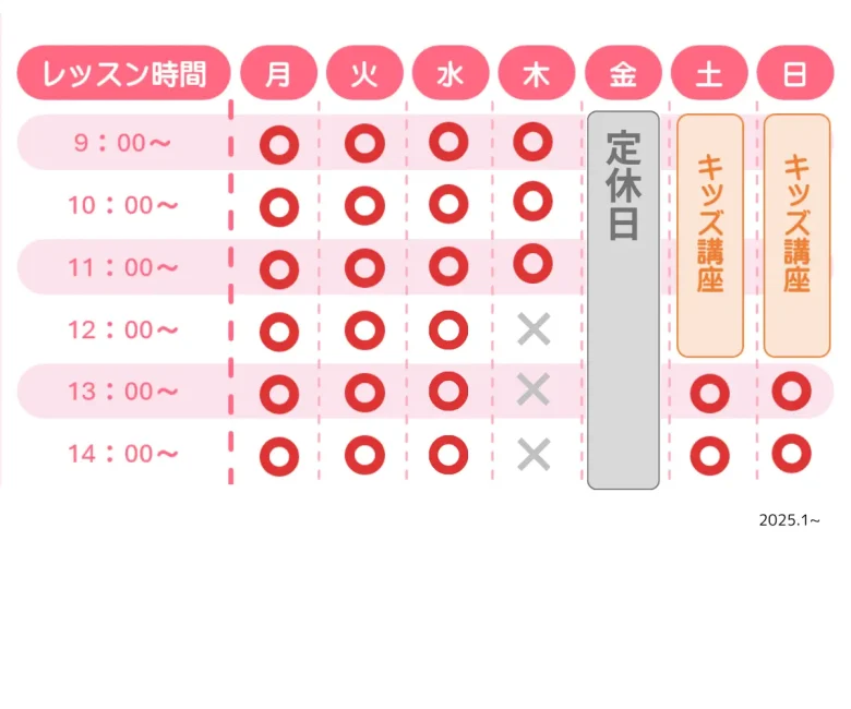 2025年1月以降のレッスン時間（東川口パソコン教室パステル）